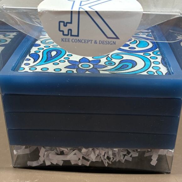 Kee Concept & Design Coasters New Square Set 4 Blue White Paisley Floral Print - Picture 2 of 3